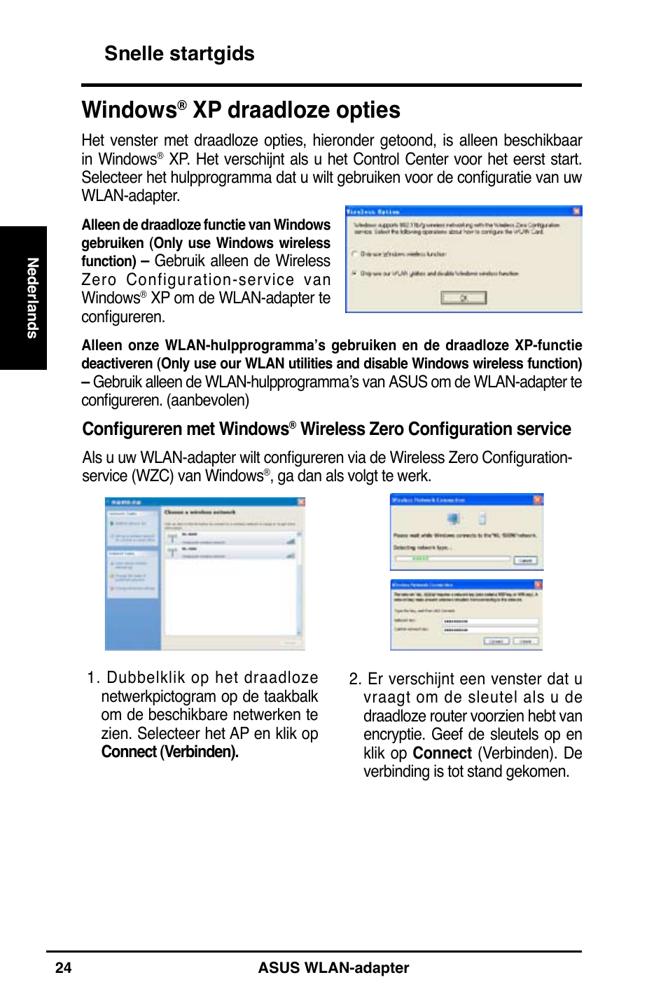 Windows, Xp draadloze opties, Snelle startgids | Asus WL-160N User Manual | Page 26 / 55