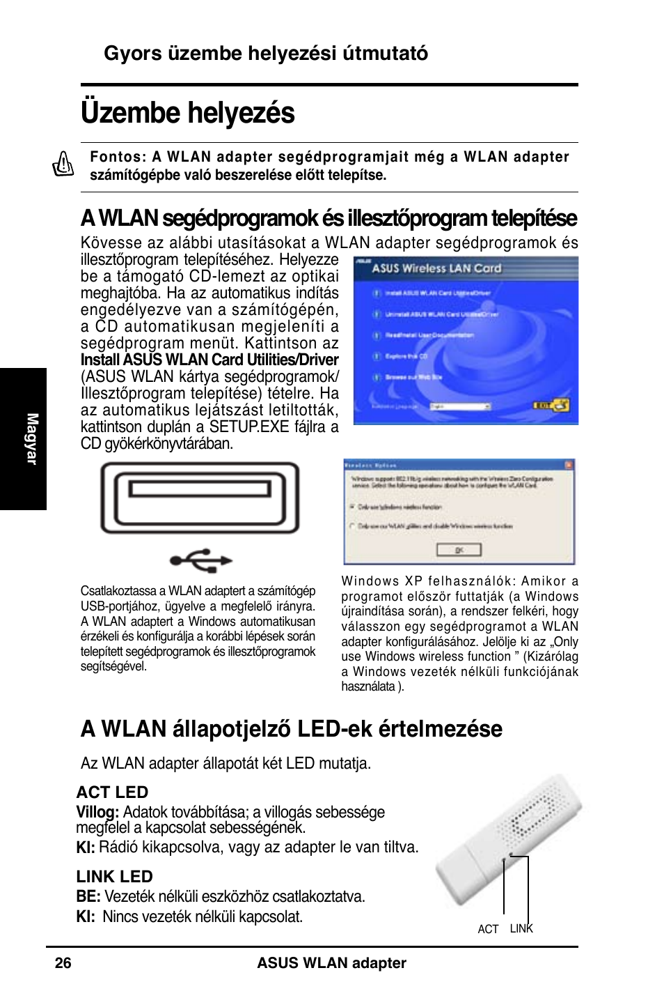 Üzembe helyezés, A wlan állapotjelző led-ek értelmezése, Gyors üzembe helyezési útmutató | Asus WL-160N User Manual | Page 28 / 55