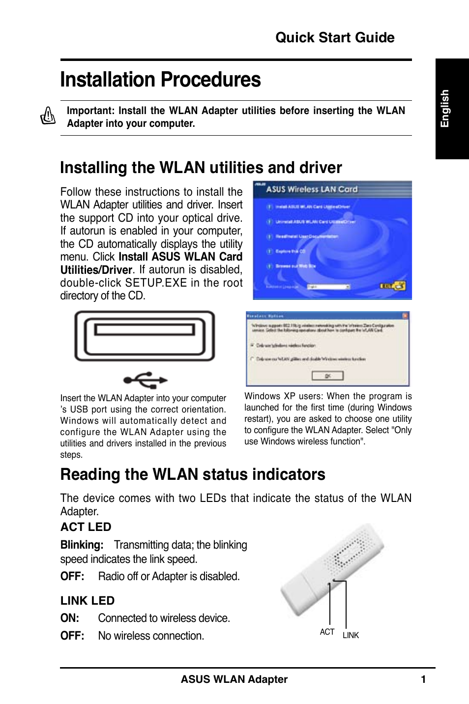 Installation procedures, Installing the wlan utilities and driver, Reading the wlan status indicators | Quick start guide | Asus WL-160N User Manual | Page 3 / 55