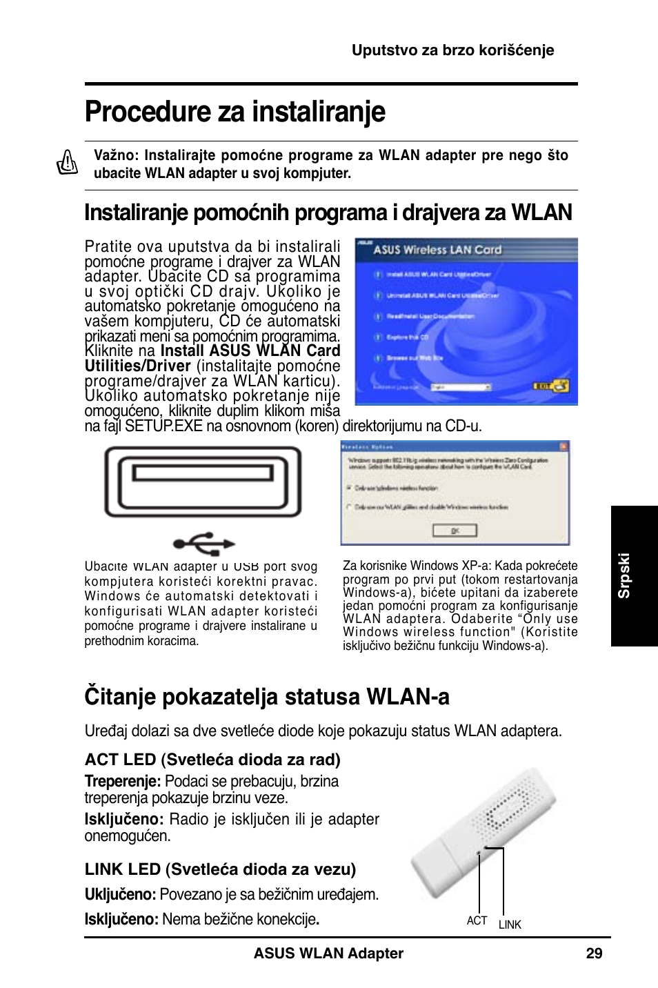 Procedure za instaliranje, Instaliranje pomoćnih programa i drajvera za wlan, Čitanje pokazatelja statusa wlan-a | Asus WL-160N User Manual | Page 31 / 55