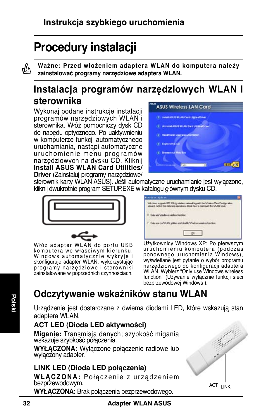 Procedury instalacji, Odczytywanie wskaźników stanu wlan, Instrukcja szybkiego uruchomienia | Asus WL-160N User Manual | Page 34 / 55