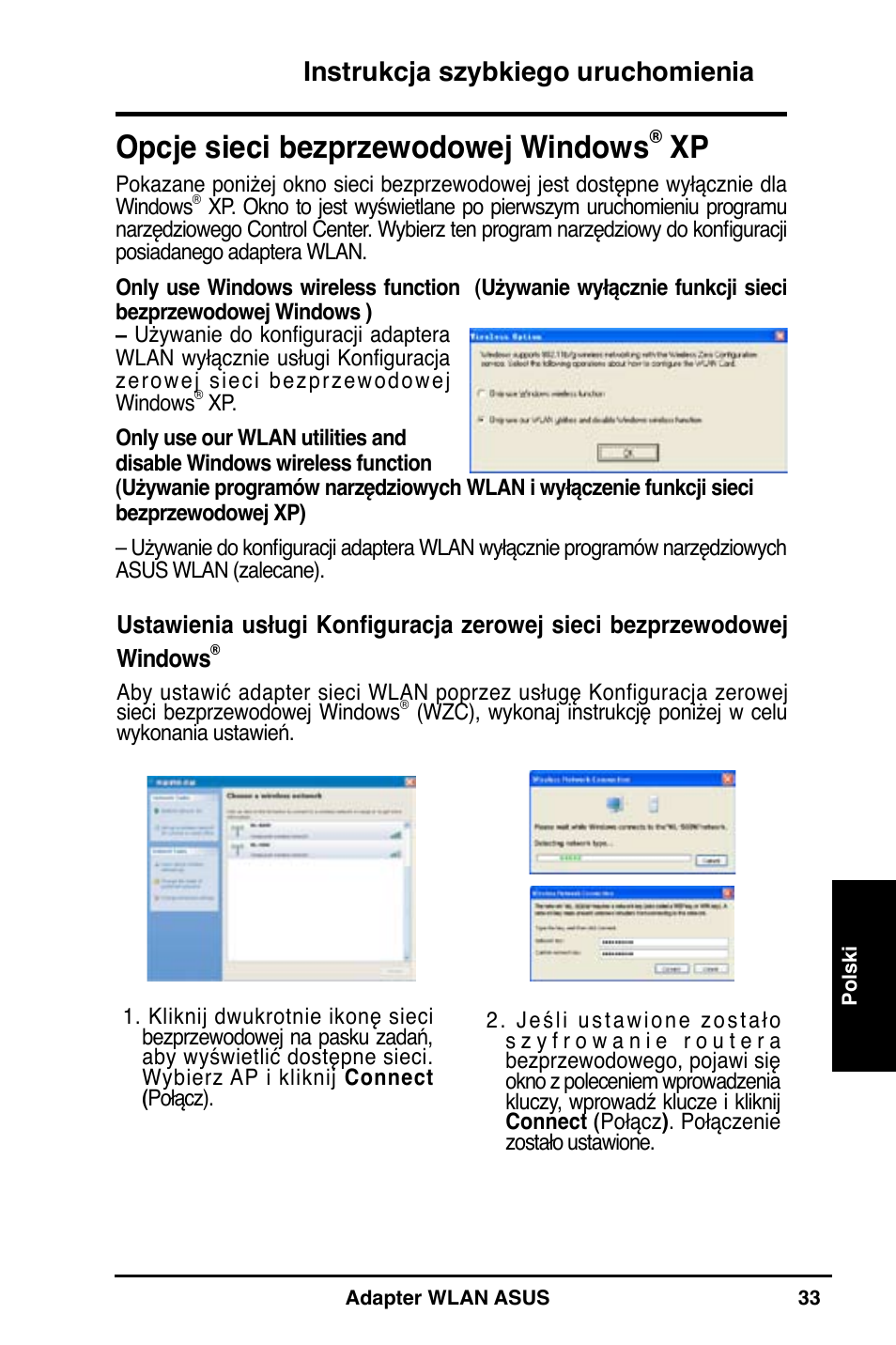 Opcje sieci bezprzewodowej windows, Instrukcja szybkiego uruchomienia | Asus WL-160N User Manual | Page 35 / 55