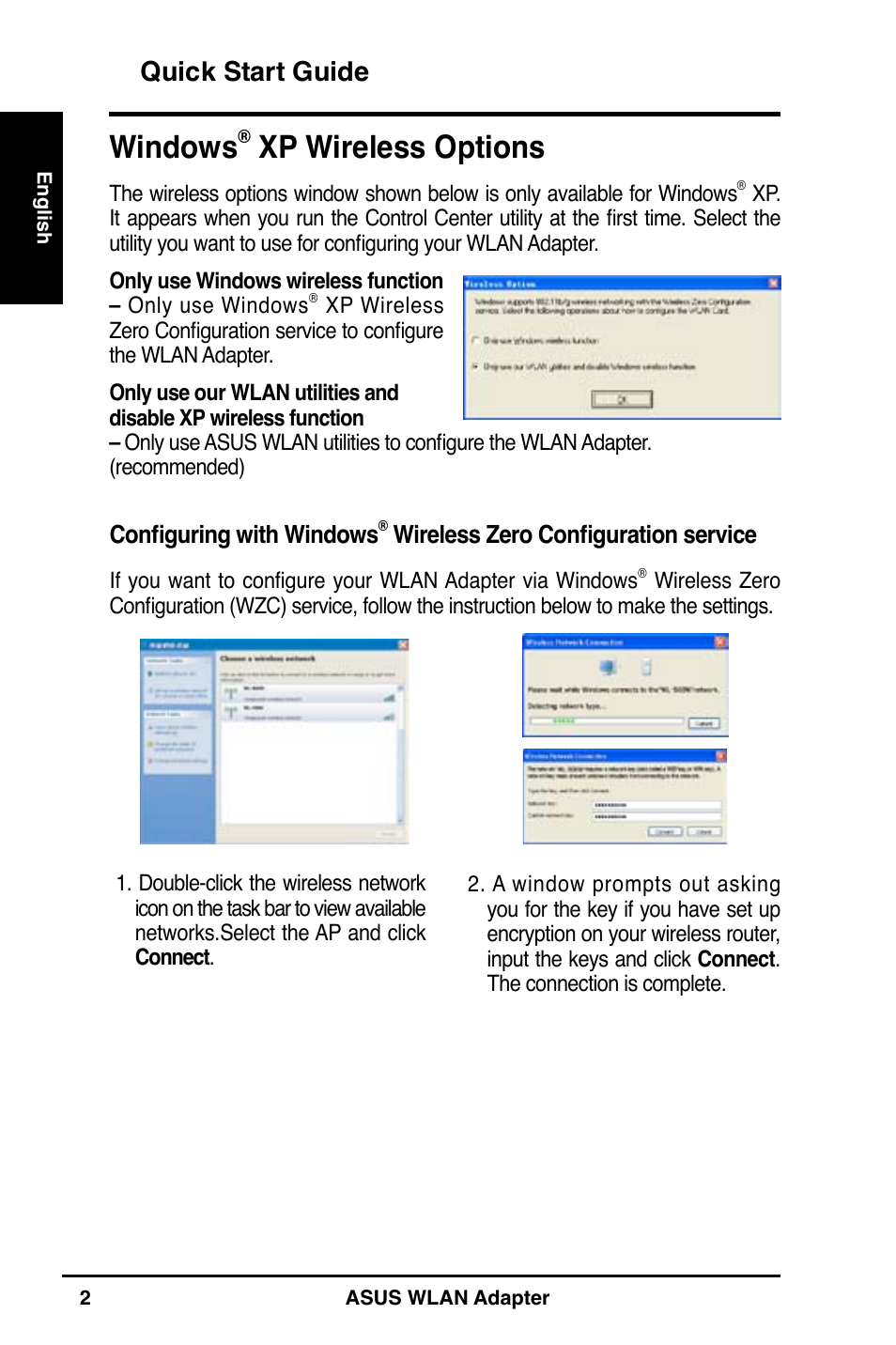 Windows, Xp wireless options, Quick start guide | Asus WL-160N User Manual | Page 4 / 55