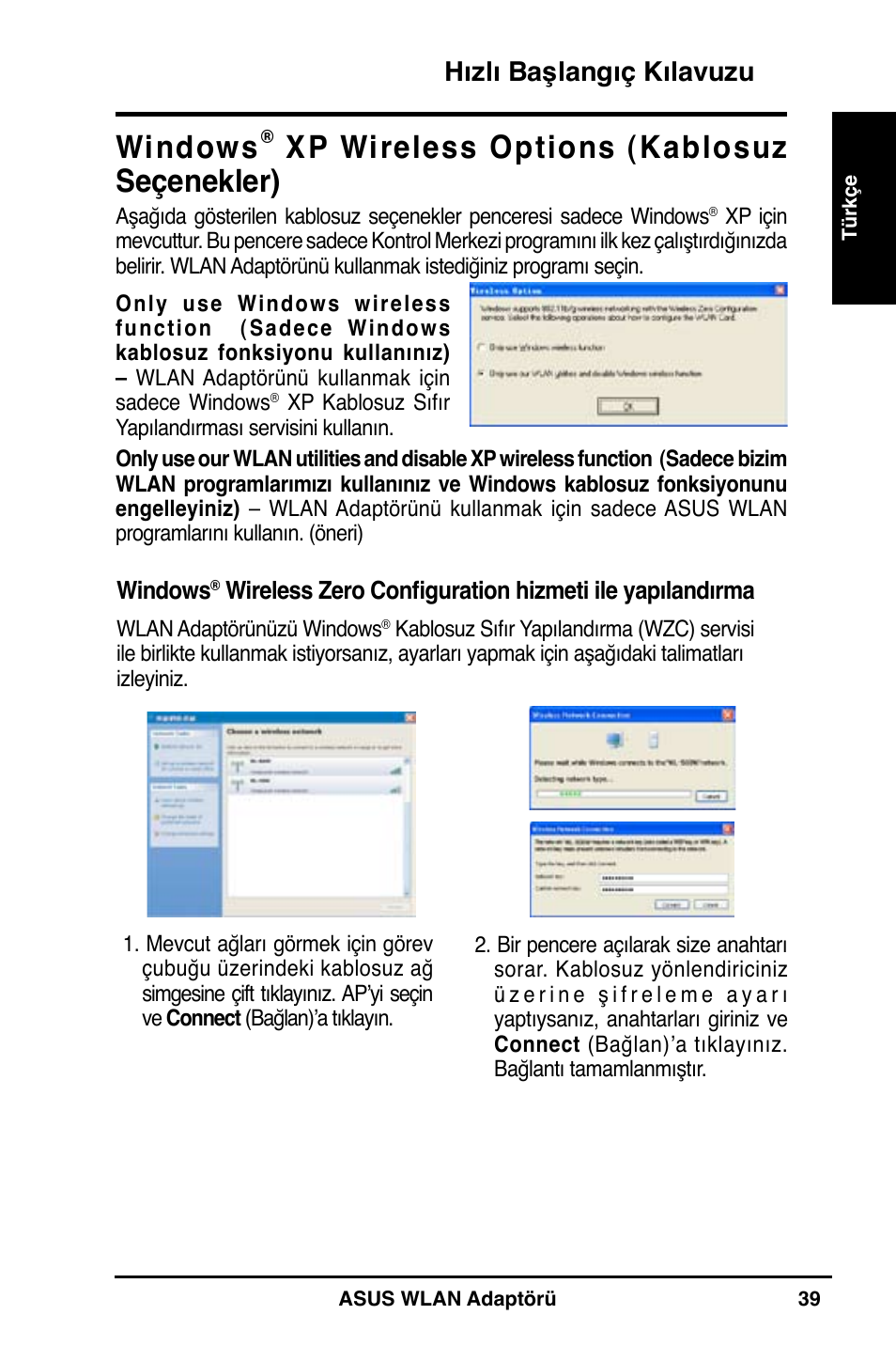 Windows, Xp wireless options (kablosuz seçenekler), Hızlı başlangıç kılavuzu | Asus WL-160N User Manual | Page 41 / 55