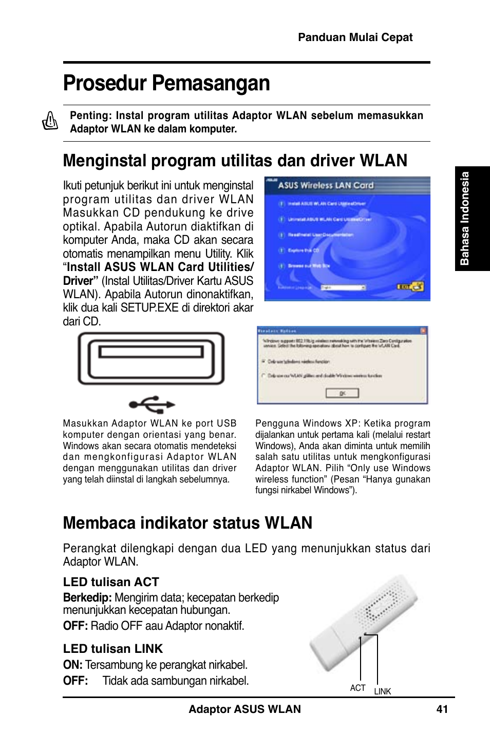 Prosedur pemasangan, Menginstal program utilitas dan driver wlan, Membaca indikator status wlan | Asus WL-160N User Manual | Page 43 / 55