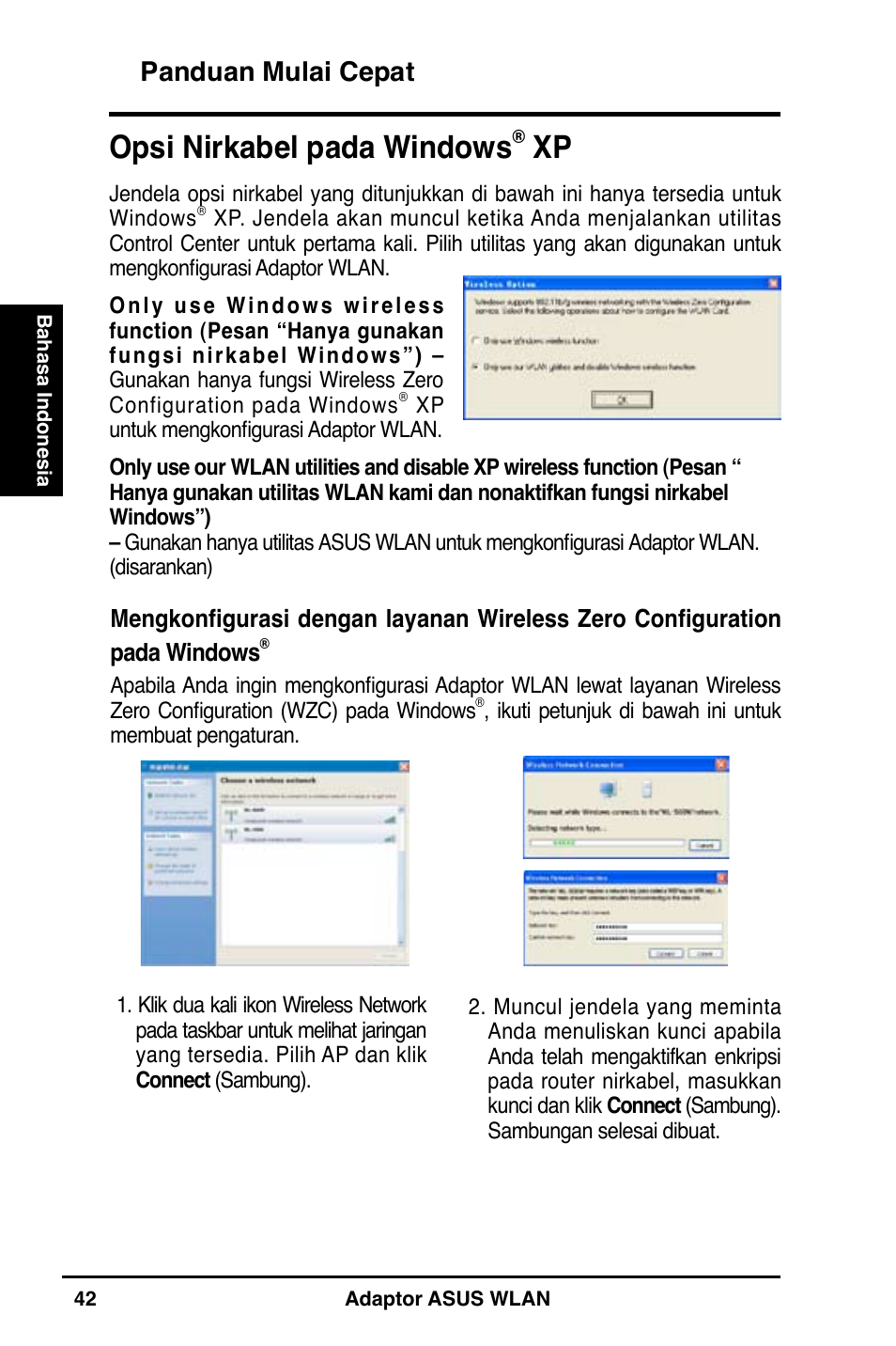 Opsi nirkabel pada windows, Panduan mulai cepat | Asus WL-160N User Manual | Page 44 / 55