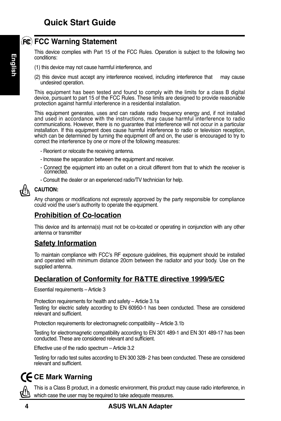 Quick start guide, Fcc warning statement, Prohibition of co-location | Safety information, Ce mark warning | Asus WL-160N User Manual | Page 6 / 55