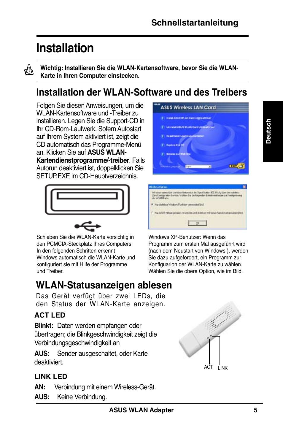 Installation, Installation der wlan-software und des treibers, Wlan-statusanzeigen ablesen | Schnellstartanleitung | Asus WL-160N User Manual | Page 7 / 55