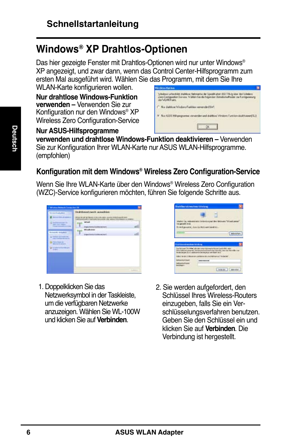 Windows, Xp drahtlos-optionen, Schnellstartanleitung | Asus WL-160N User Manual | Page 8 / 55