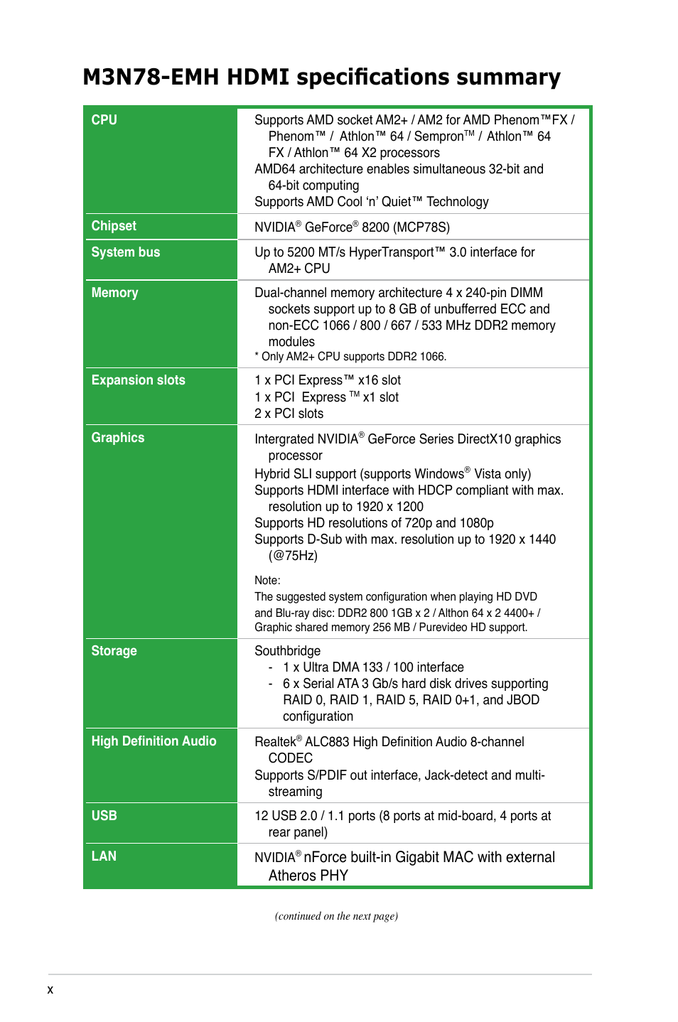 M3n78-emh hdmi specifications summary | Asus M3N78-EMH HDMI User Manual | Page 10 / 102