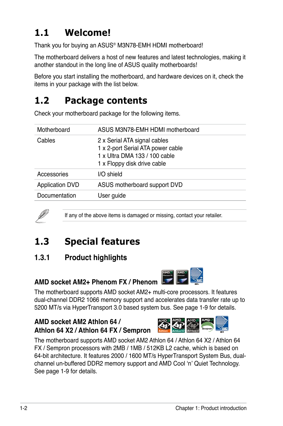 1 welcome, 2 package contents, 3 special features | 1 product highlights | Asus M3N78-EMH HDMI User Manual | Page 14 / 102