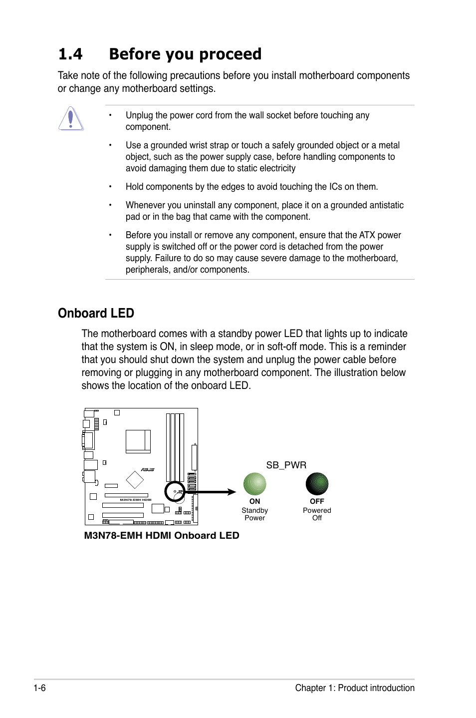 4 before you proceed, Onboard led | Asus M3N78-EMH HDMI User Manual | Page 18 / 102