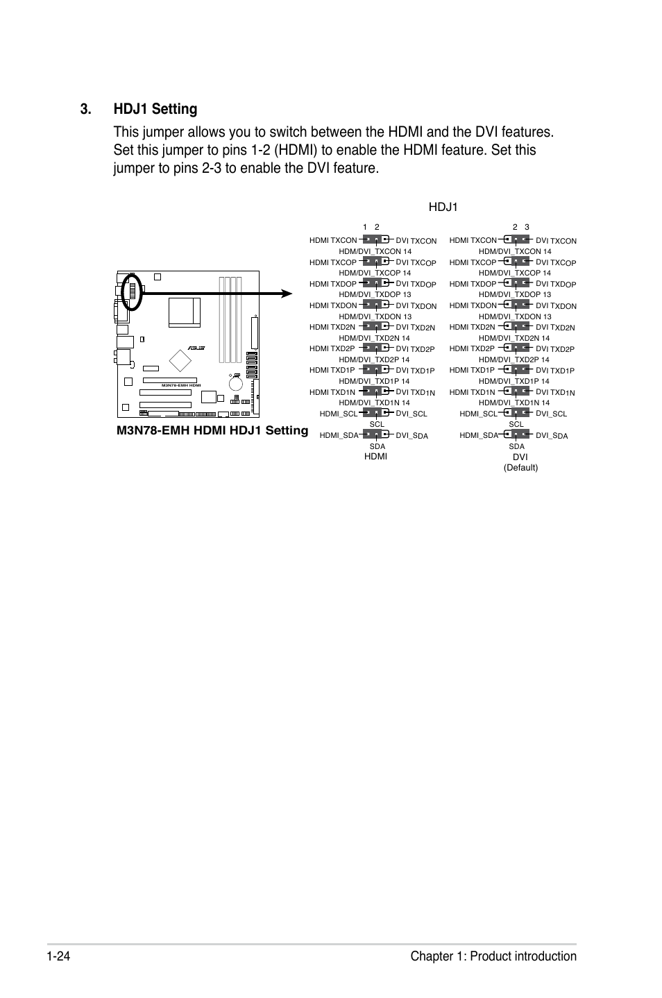 24 chapter 1: product introduction, Hdj1, M3n78-emh hdmi hdj1 setting | Asus M3N78-EMH HDMI User Manual | Page 36 / 102