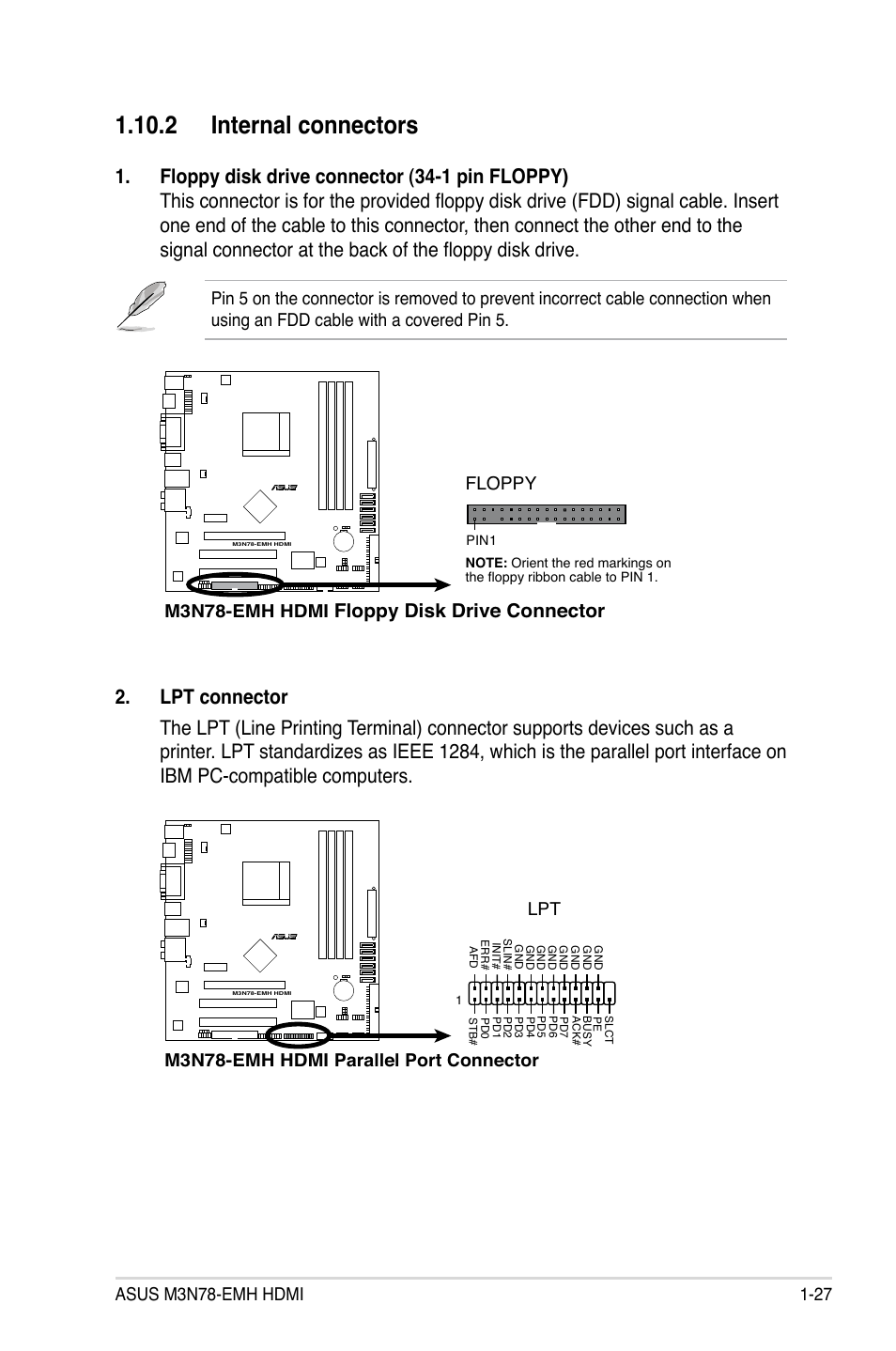 2 internal connectors, Floppy disk drive connector, M3n78-emh hdmi | Floppy, M3n78-emh hdmi parallel port connector lpt | Asus M3N78-EMH HDMI User Manual | Page 39 / 102