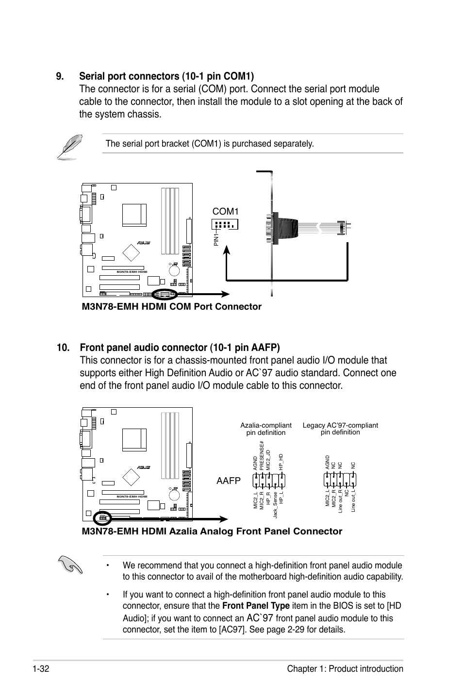 Ac`97, 32 chapter 1: product introduction, M3n78-emh hdmi azalia analog front panel connector | Aafp, M3n78-emh hdmi com port connector, Com1 | Asus M3N78-EMH HDMI User Manual | Page 44 / 102