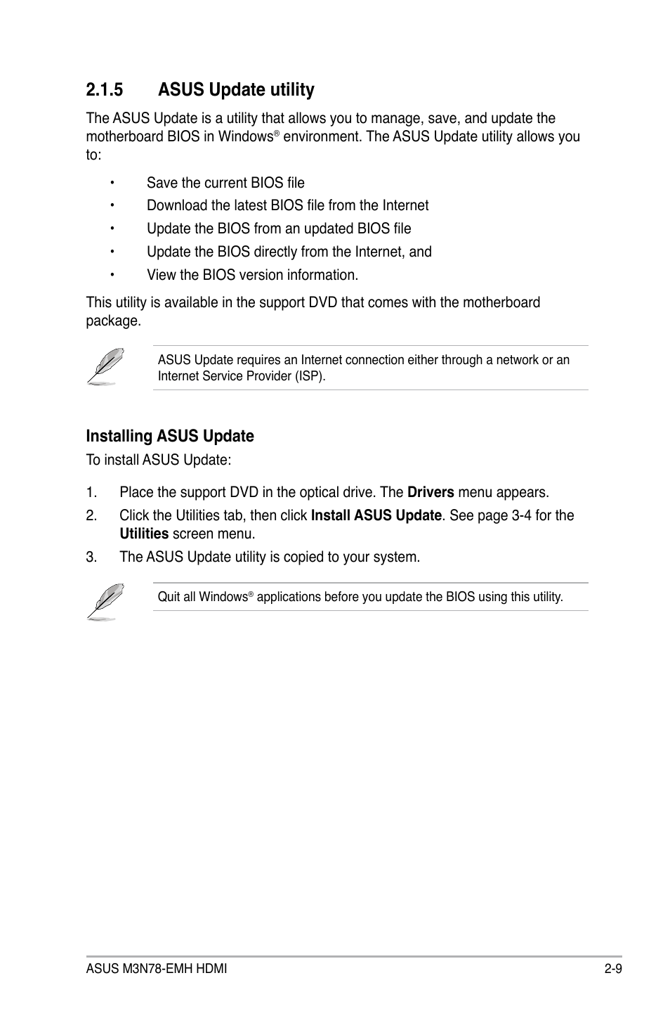 5 asus update utility, Installing asus update | Asus M3N78-EMH HDMI User Manual | Page 55 / 102