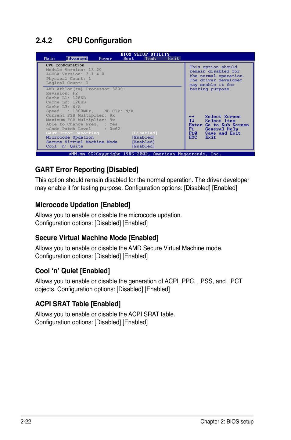 2 cpu configuration, Gart error reporting [disabled, Microcode updation [enabled | Secure virtual machine mode [enabled, Cool ‘n’ quiet [enabled, Acpi srat table [enabled | Asus M3N78-EMH HDMI User Manual | Page 68 / 102