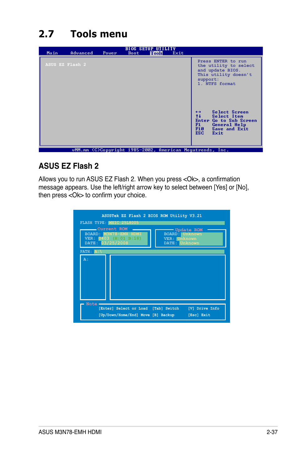 7 tools menu, Asus ez flash 2 | Asus M3N78-EMH HDMI User Manual | Page 83 / 102