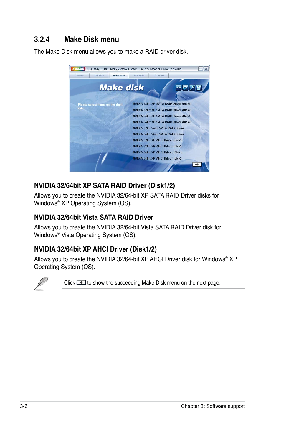 4 make disk menu, Nvidia 32/64bit vista sata raid driver | Asus M3N78-EMH HDMI User Manual | Page 90 / 102