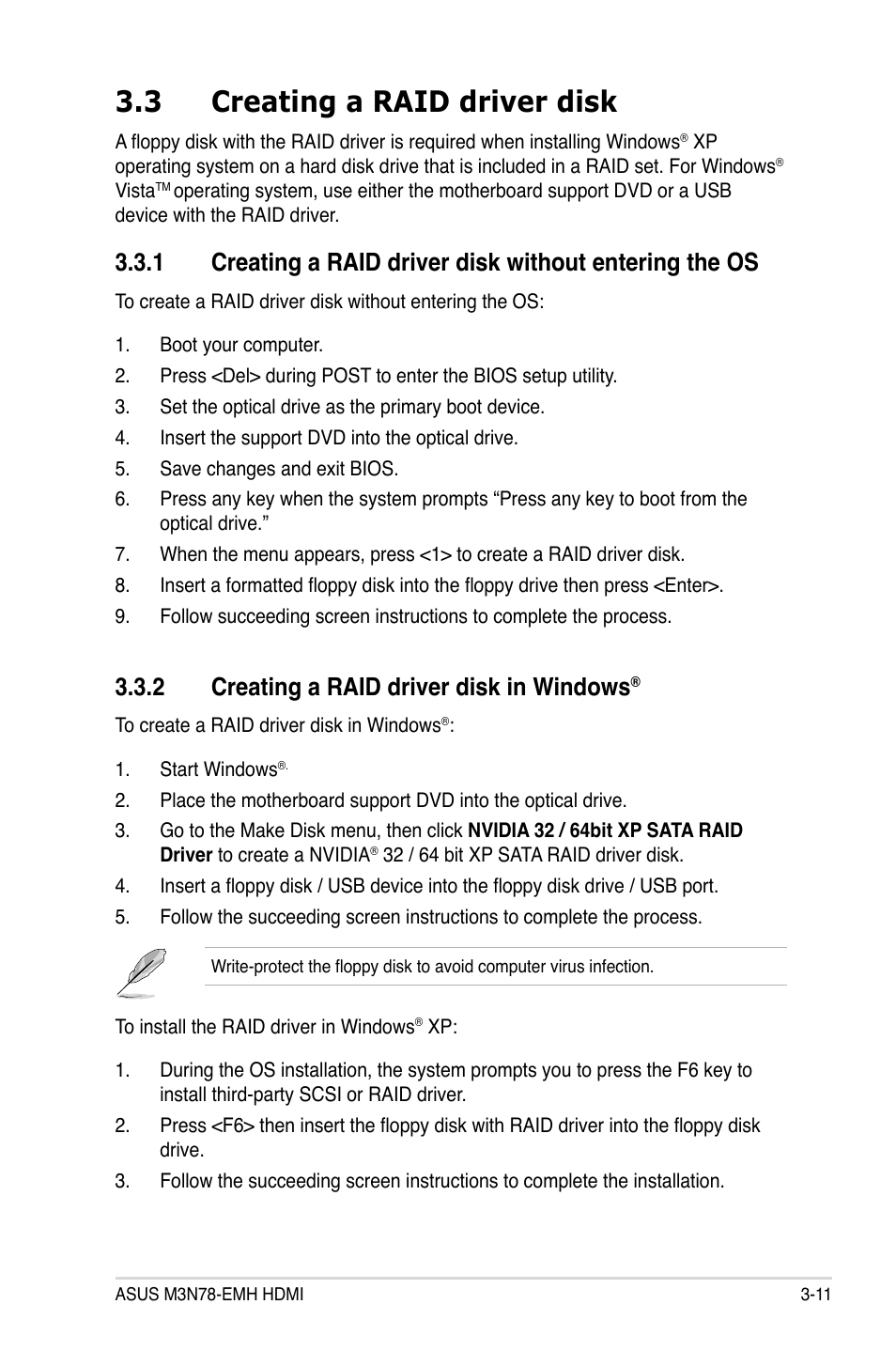 3 creating a raid driver disk, 2 creating a raid driver disk in windows | Asus M3N78-EMH HDMI User Manual | Page 95 / 102