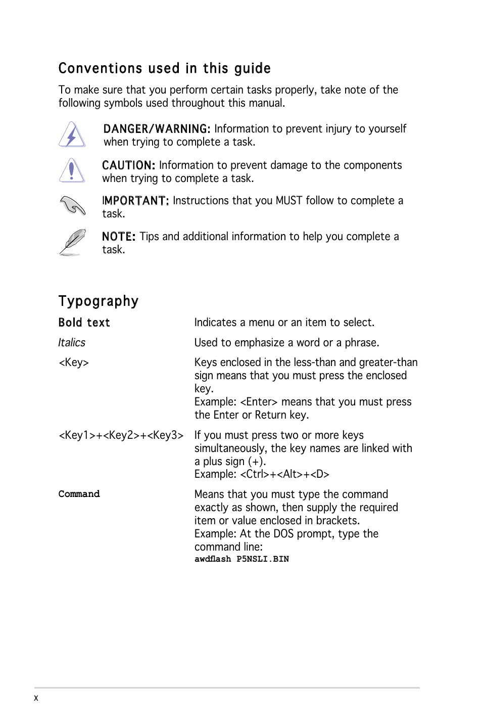 Conventions used in this guide, Typography | Asus P5NSLI User Manual | Page 10 / 124