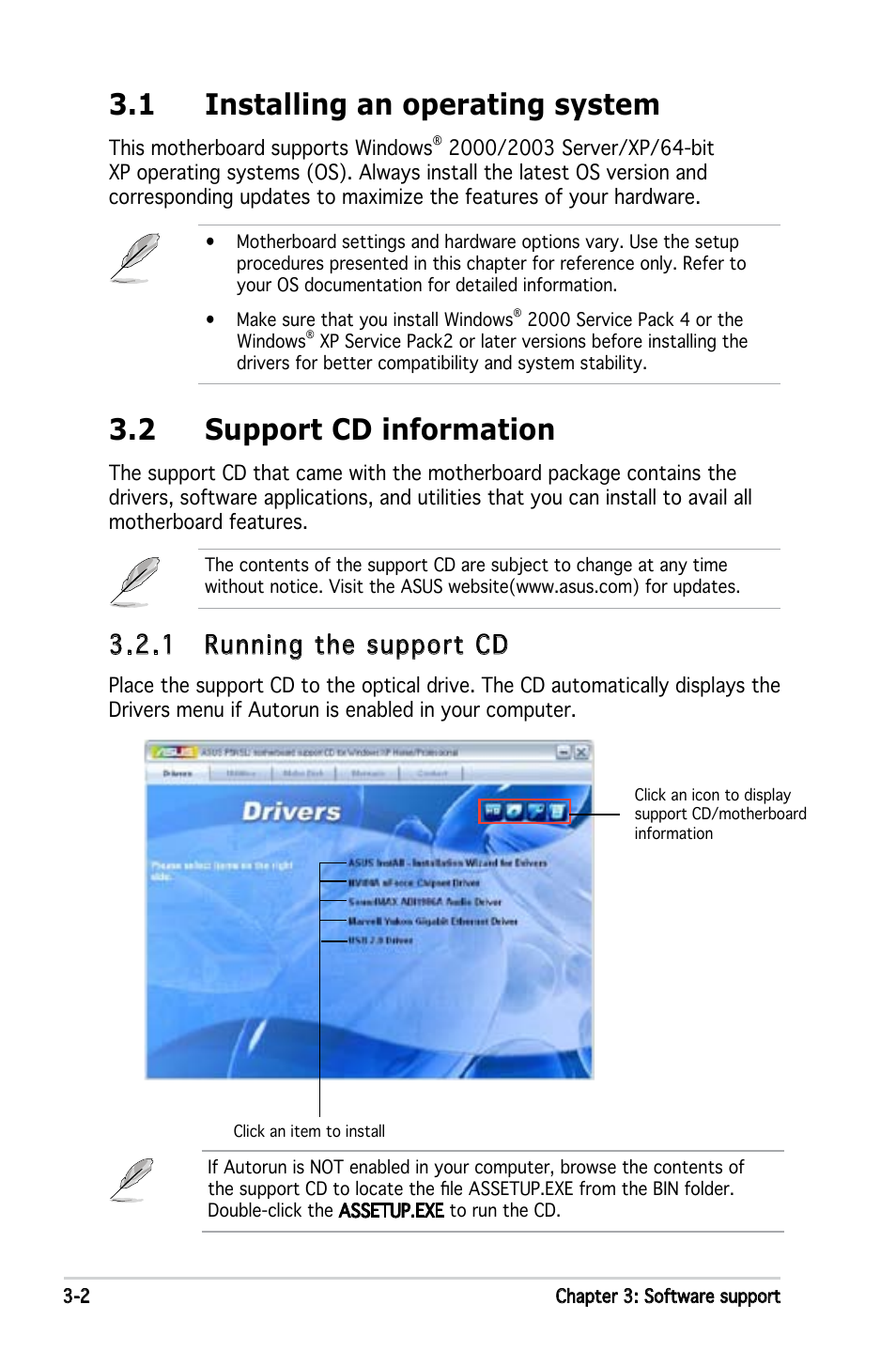1 installing an operating system, 2 support cd information, 1 running the support cd | Asus P5NSLI User Manual | Page 104 / 124