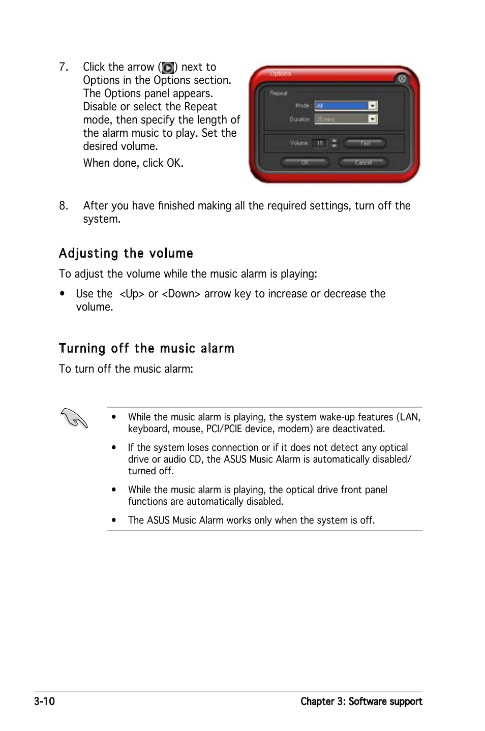 Adjusting the volume, Turning off the music alarm | Asus P5NSLI User Manual | Page 112 / 124