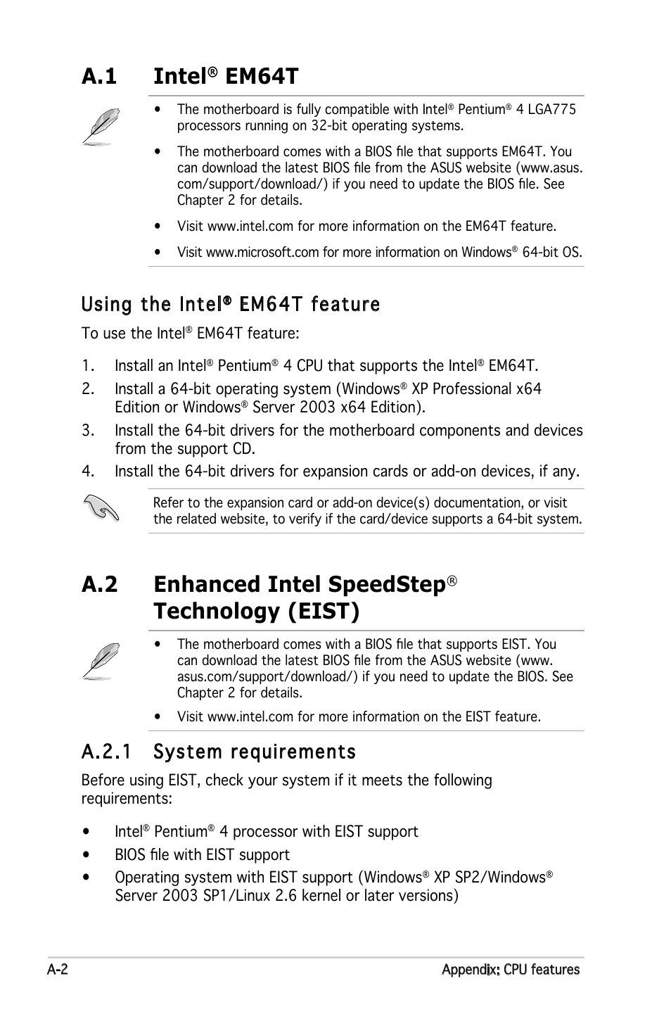 A.1 intel, Em64t, A.2 enhanced intel speedstep | Technology (eist), Using the intel, Em64t feature, A.2.1 system requirements | Asus P5NSLI User Manual | Page 122 / 124
