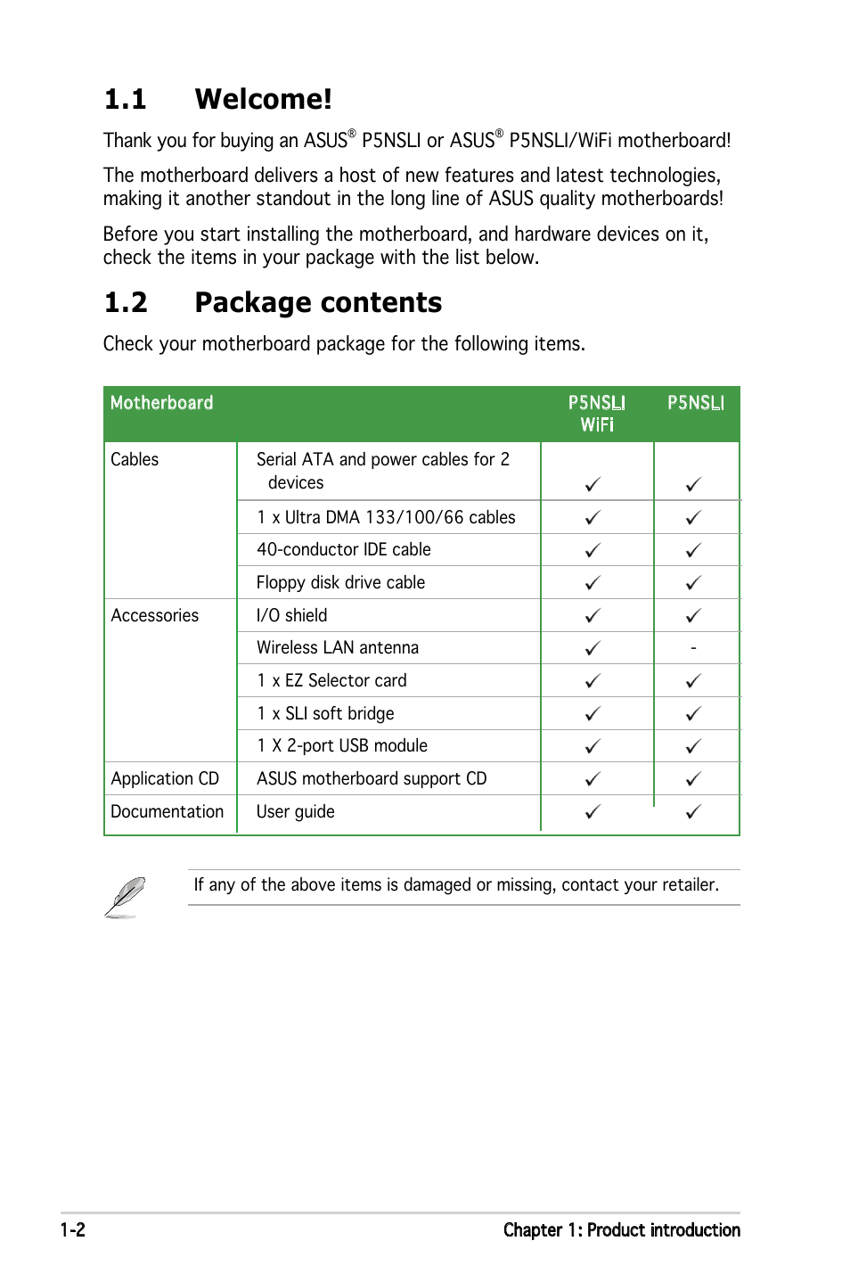 1 welcome, 2 package contents | Asus P5NSLI User Manual | Page 16 / 124