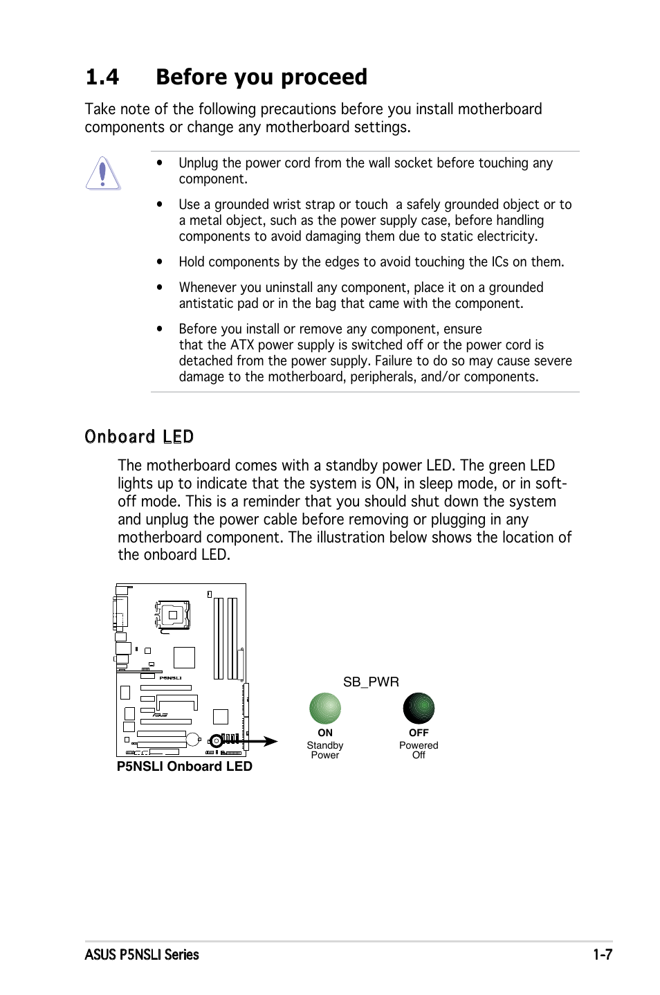 4 before you proceed, Onboard led | Asus P5NSLI User Manual | Page 21 / 124