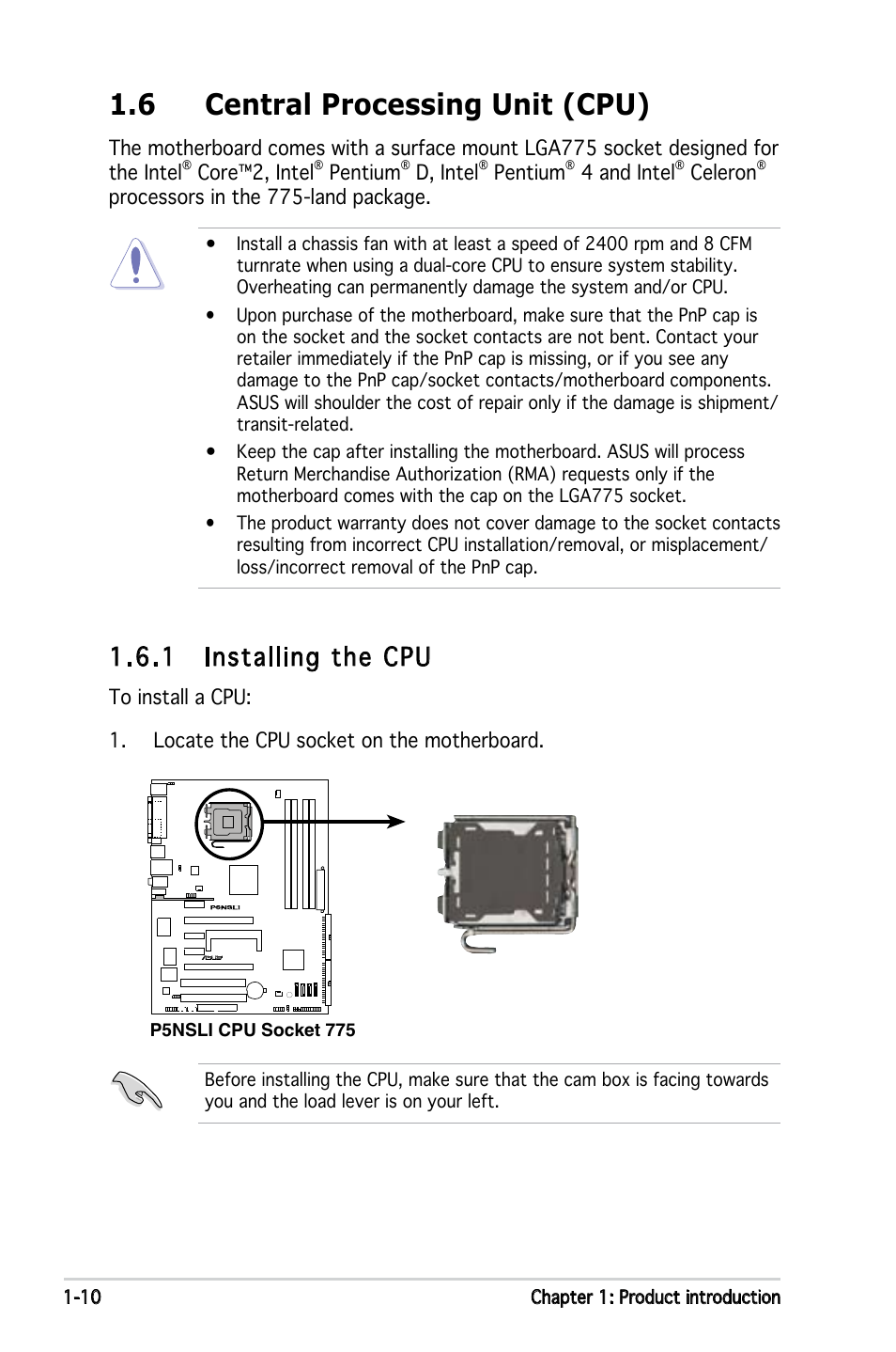 6 central processing unit (cpu), 1 installing the cpu | Asus P5NSLI User Manual | Page 24 / 124