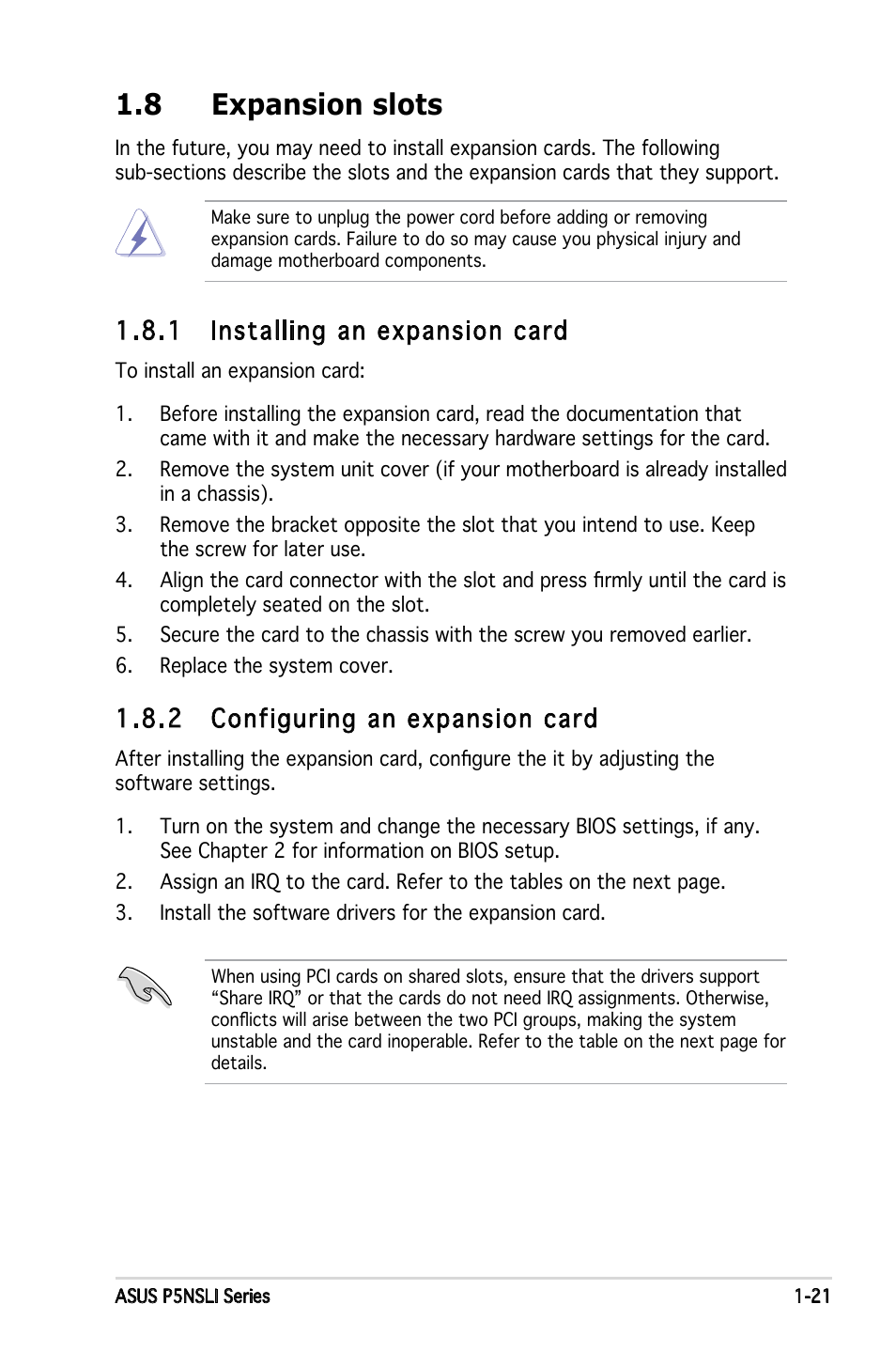 8 expansion slots, 1 installing an expansion card, 2 configuring an expansion card | Asus P5NSLI User Manual | Page 35 / 124