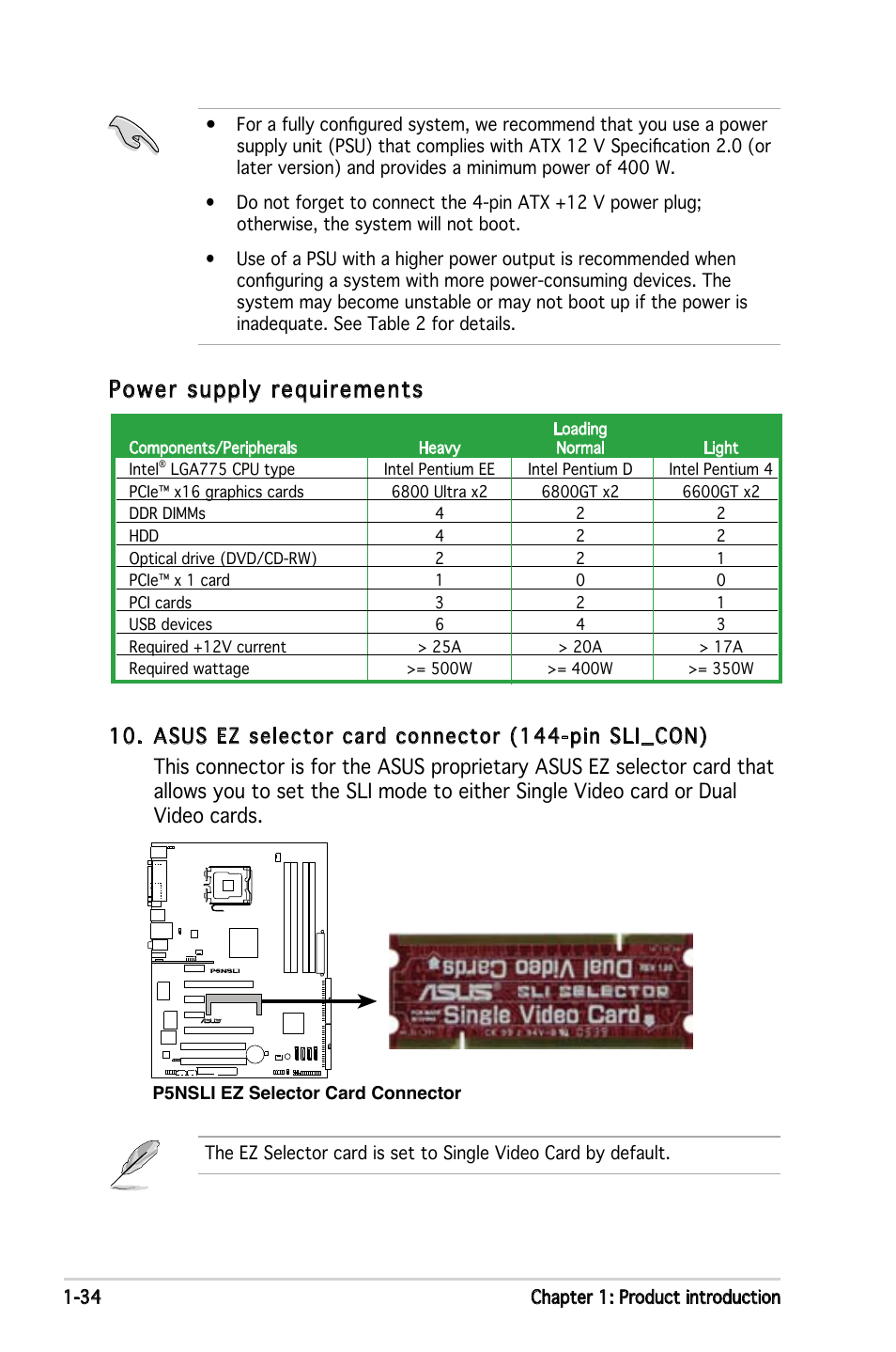 Power supply requirements | Asus P5NSLI User Manual | Page 48 / 124