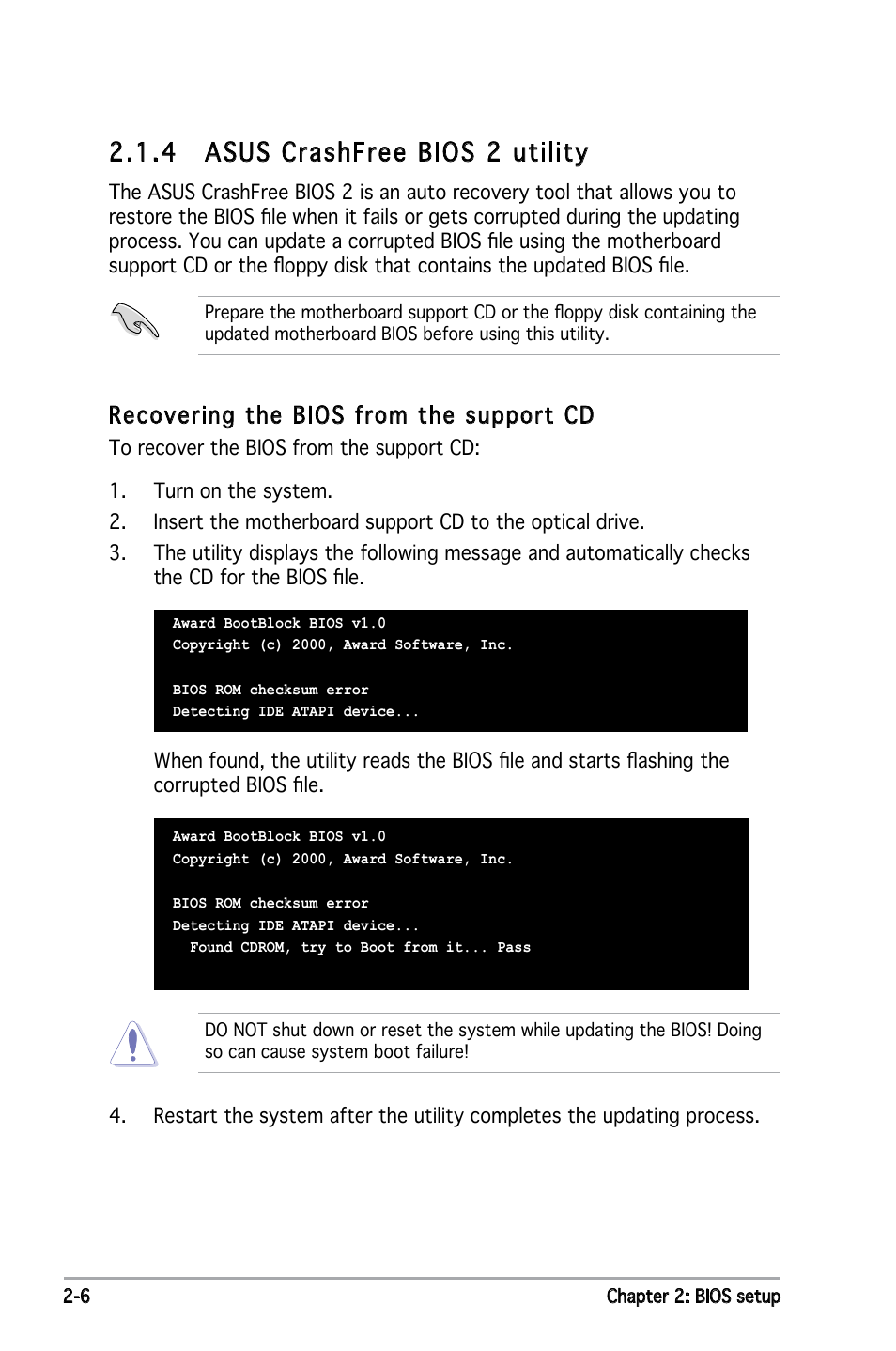 4 asus crashfree bios 2 utility, Recovering the bios from the support cd | Asus P5NSLI User Manual | Page 56 / 124