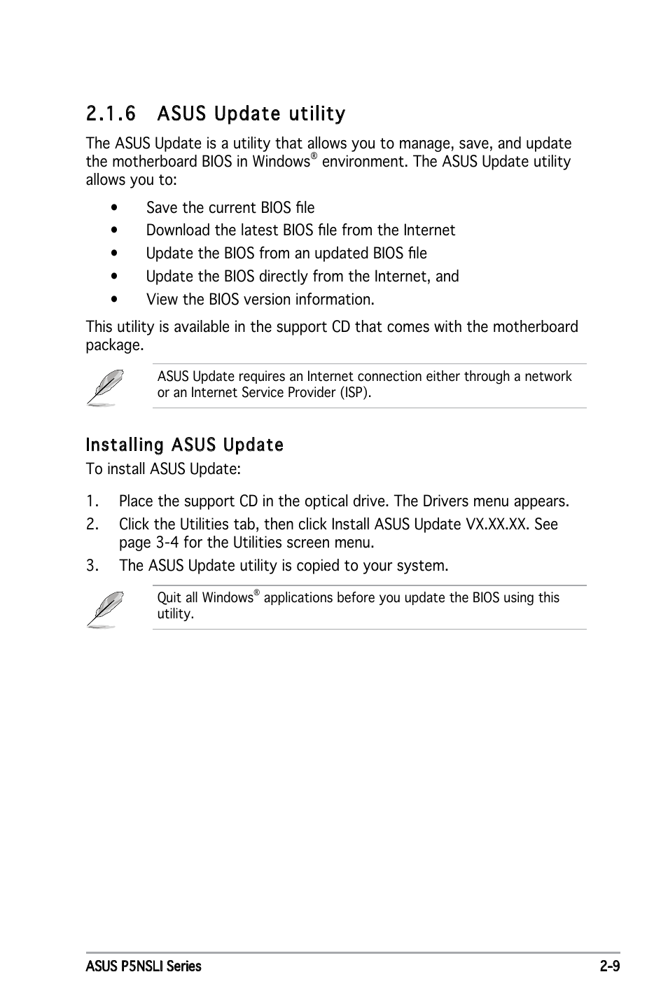 6 asus update utility, Installing asus update | Asus P5NSLI User Manual | Page 59 / 124