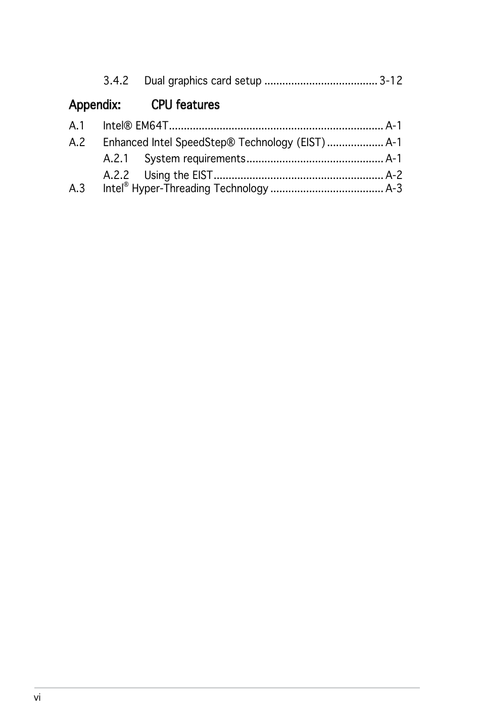Appendix: cpu features | Asus P5NSLI User Manual | Page 6 / 124