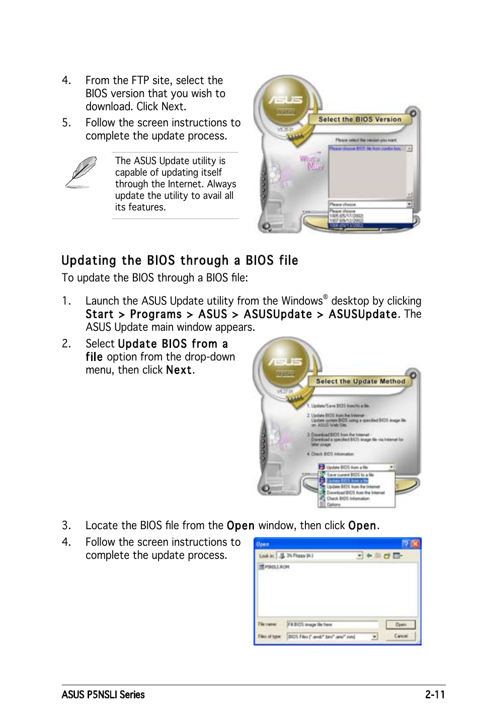 Updating the bios through a bios file | Asus P5NSLI User Manual | Page 61 / 124