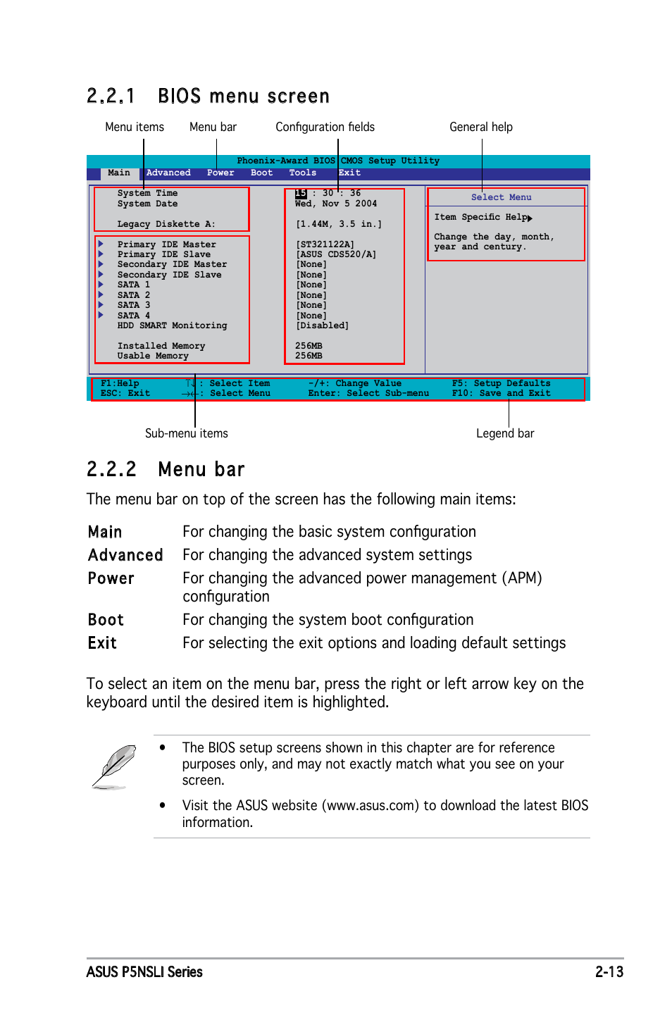 2 menu bar, 1 bios menu screen | Asus P5NSLI User Manual | Page 63 / 124