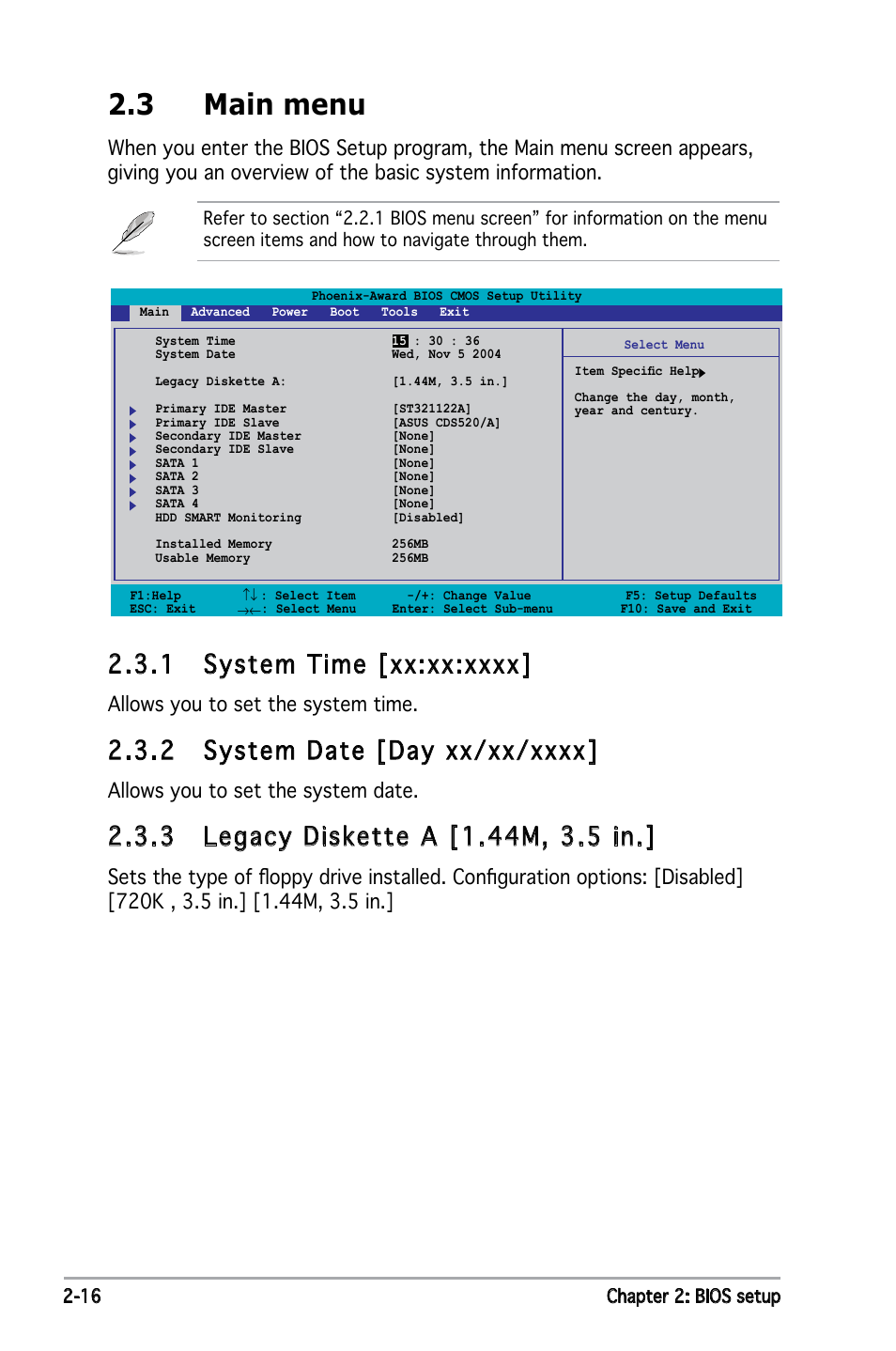 3 main menu, Allows you to set the system time, Allows you to set the system date | Asus P5NSLI User Manual | Page 66 / 124