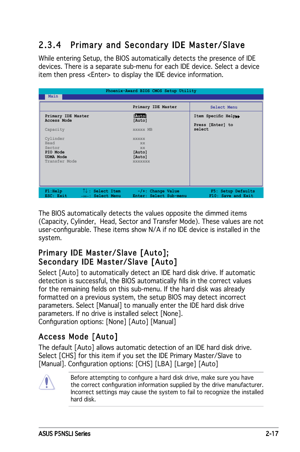 4 primary and secondary ide master/slave, Access mode [auto | Asus P5NSLI User Manual | Page 67 / 124