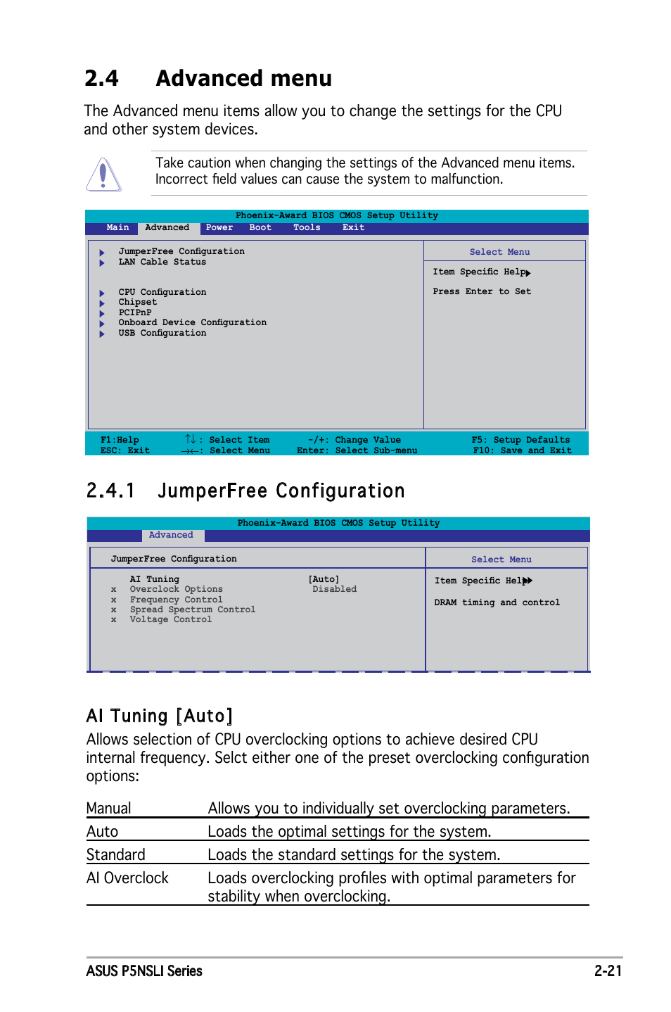 4 advanced menu, 1 jumperfree configuration, Ai tuning [auto | Asus P5NSLI User Manual | Page 71 / 124