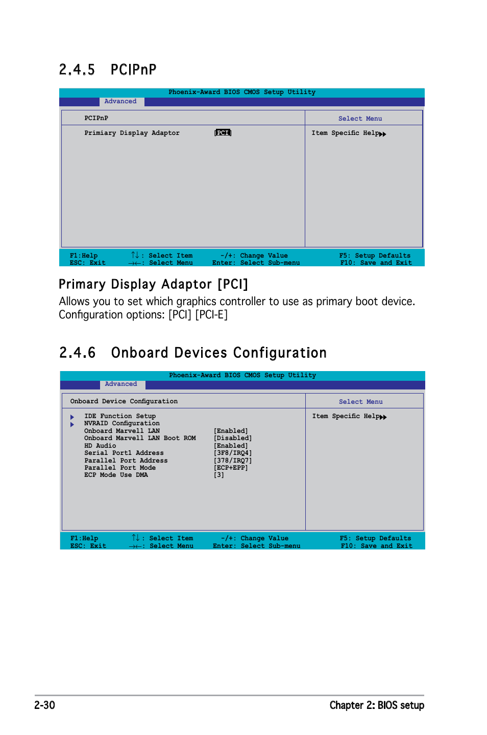 5 pcipnp, 6 onboard devices configuration, Primary display adaptor [pci | 30 chapter 2: bios setup | Asus P5NSLI User Manual | Page 80 / 124