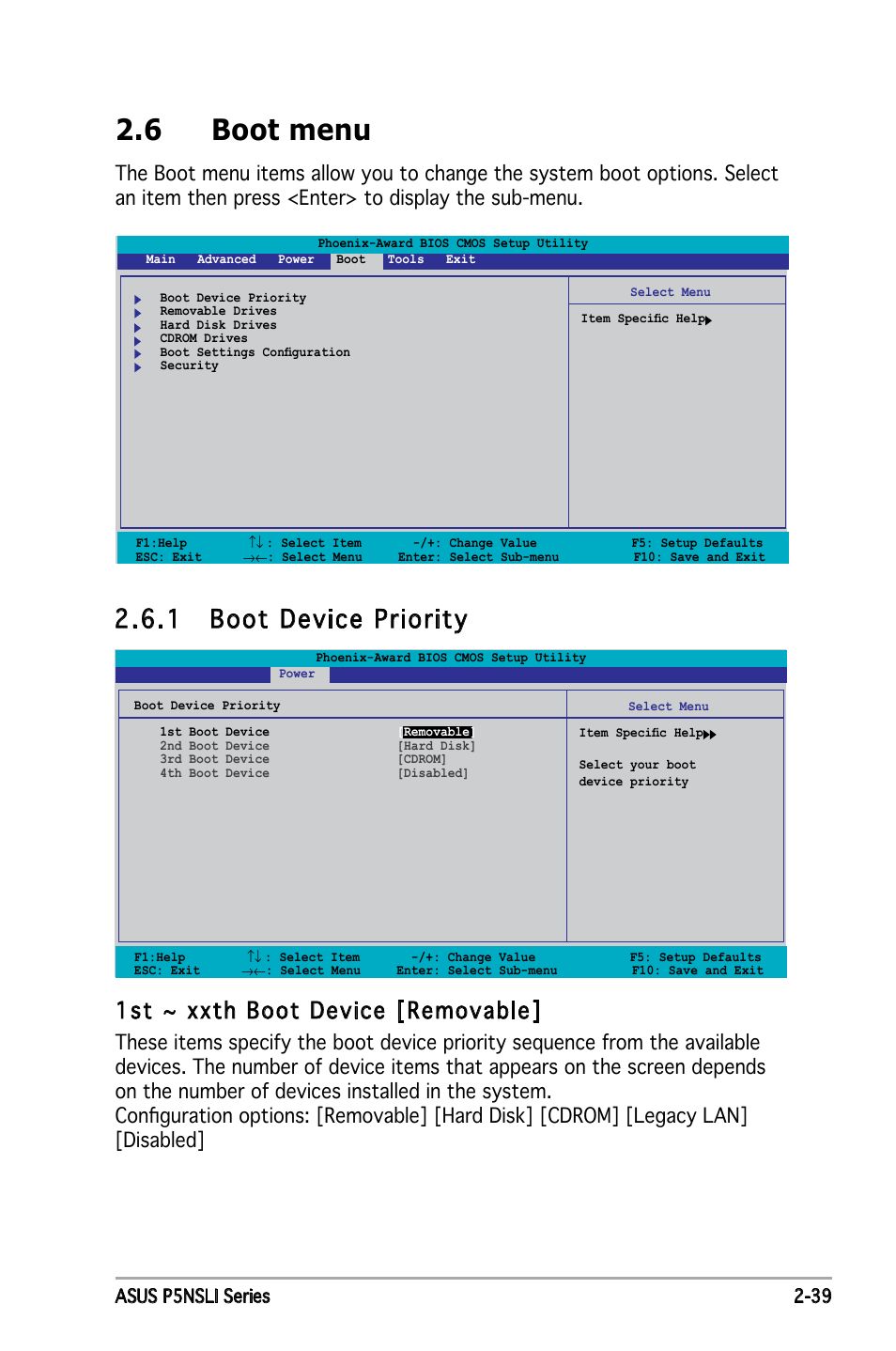 6 boot menu, 1 boot device priority, 1st ~ xxth boot device [removable | Asus P5NSLI User Manual | Page 89 / 124