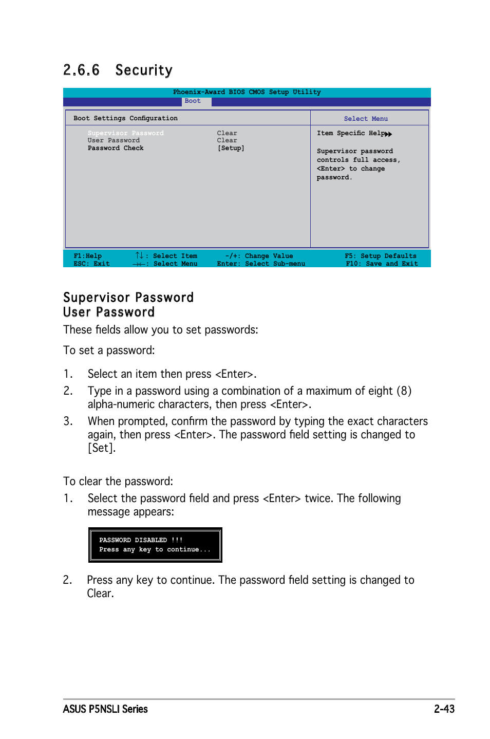 6 security, Supervisor password user password | Asus P5NSLI User Manual | Page 93 / 124