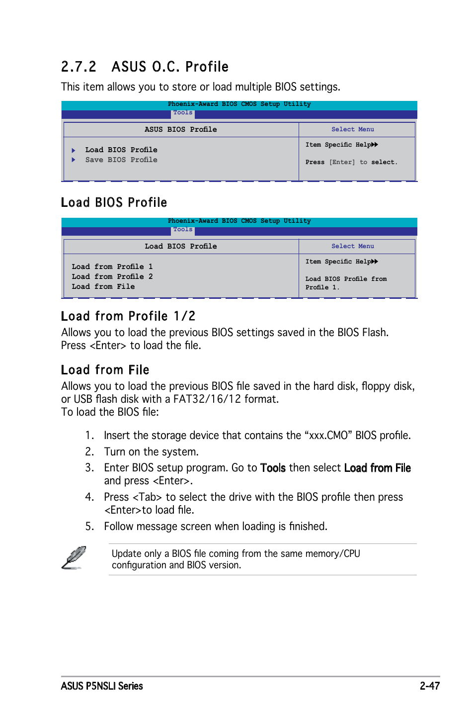 2 asus o.c. profile, Load bios profile load from profile 1/2, Load from file | Asus P5NSLI User Manual | Page 97 / 124