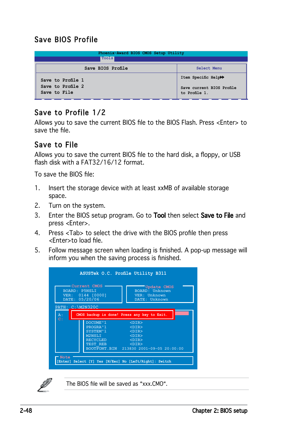 Save bios profile save to profile 1/2, Save to file | Asus P5NSLI User Manual | Page 98 / 124