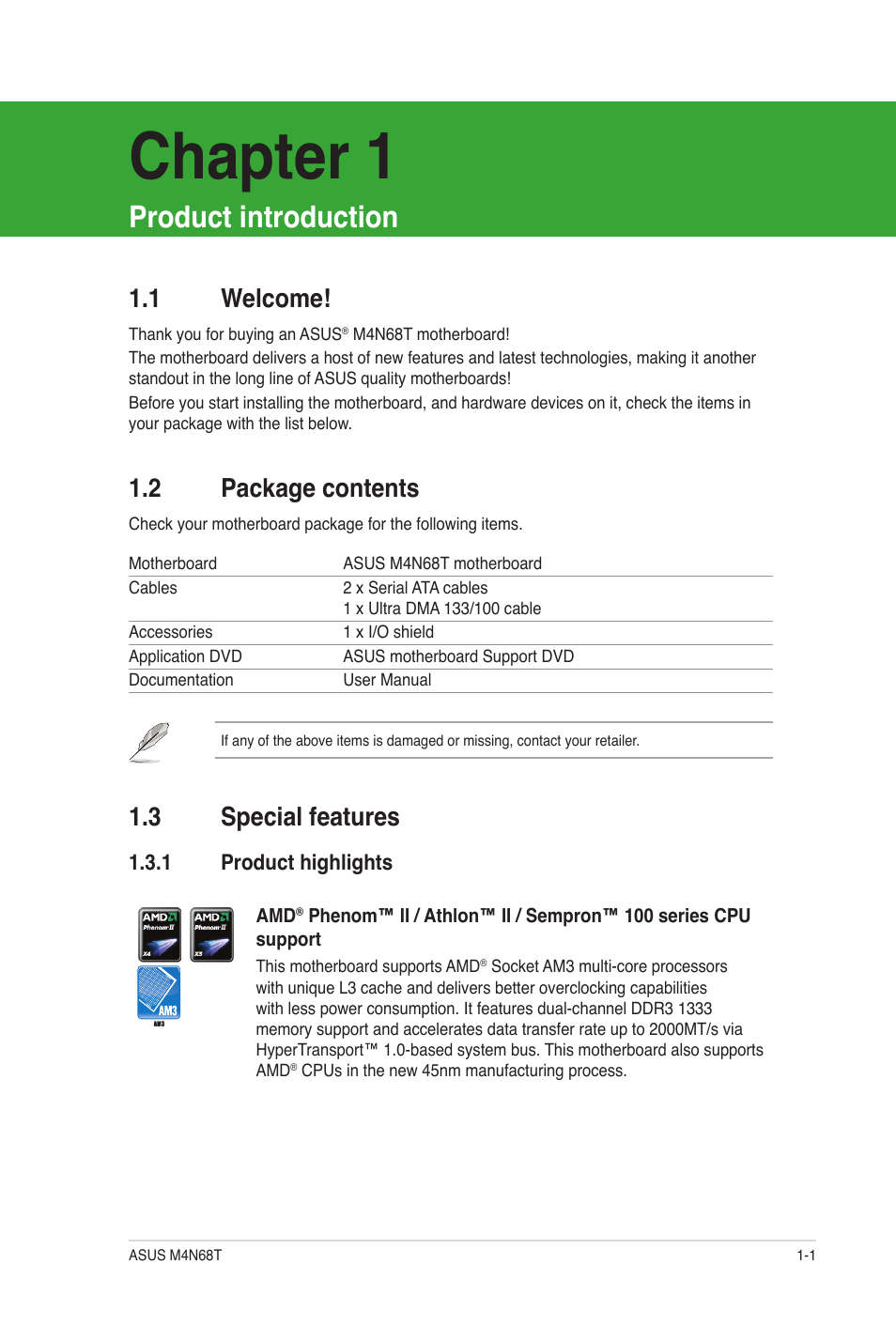 Product introduction, 1 welcome, 2 package contents | 3 special features, 1 product highlights, Welcome! -1, Package contents -1, Special features -1 1.3.1, Product highlights -1, Chapter 1 | Asus M4N68T User Manual | Page 11 / 62