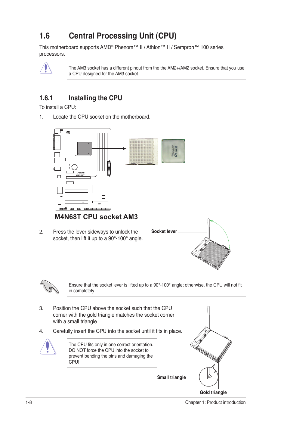 6 central processing unit (cpu), 1 installing the cpu, Central processing unit (cpu) -8 1.6.1 | Installing the cpu -8, M4n68t cpu socket am3 | Asus M4N68T User Manual | Page 18 / 62