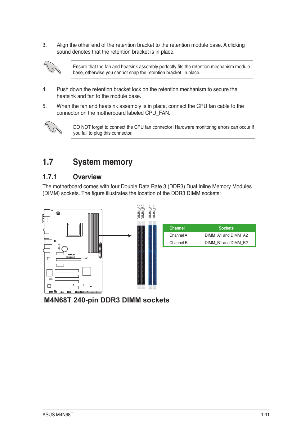 7 system memory, 1 overview, System memory -11 1.7.1 | Overview -11 | Asus M4N68T User Manual | Page 21 / 62