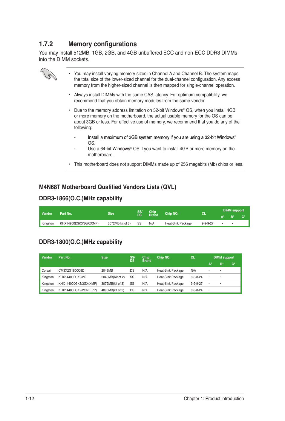 2 memory configurations, Memory configurations -12 | Asus M4N68T User Manual | Page 22 / 62
